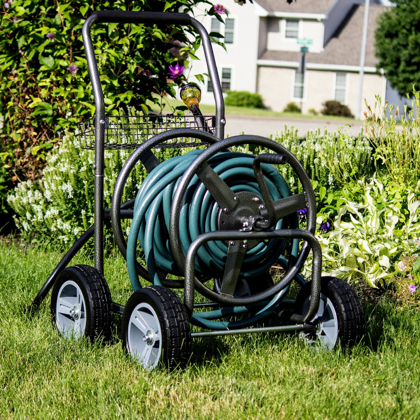 Backyard Expressions Commercial Four Wheel Hose Reel Cart - Heavy Duty Rolling Hose Caddie for Gardening - 350 Ft Hose Capacity