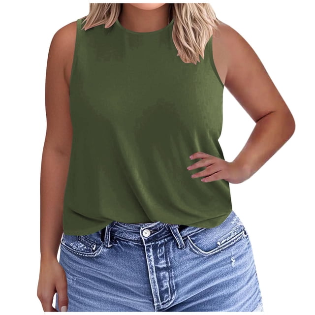Cameland Tank Tops for Women Plus Size Tops Basics Solid Color Vest Scoop Neck Sleeveless Blouse Shirts
