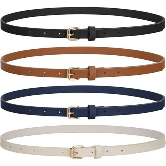 4 Pack Thin Women Belts with Gold Buckle, Slim Waist Belts for Dresses & Jeans, Faux Leather Ribbon Belts for Women All Season
