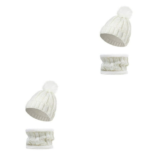 Sonducket Gorros de invierno para mujer, gorros térmicos con pompones, gorro, bufanda, pañuelo de punto de ganchillo para otoño, cuello de Blanco 2Conjunto