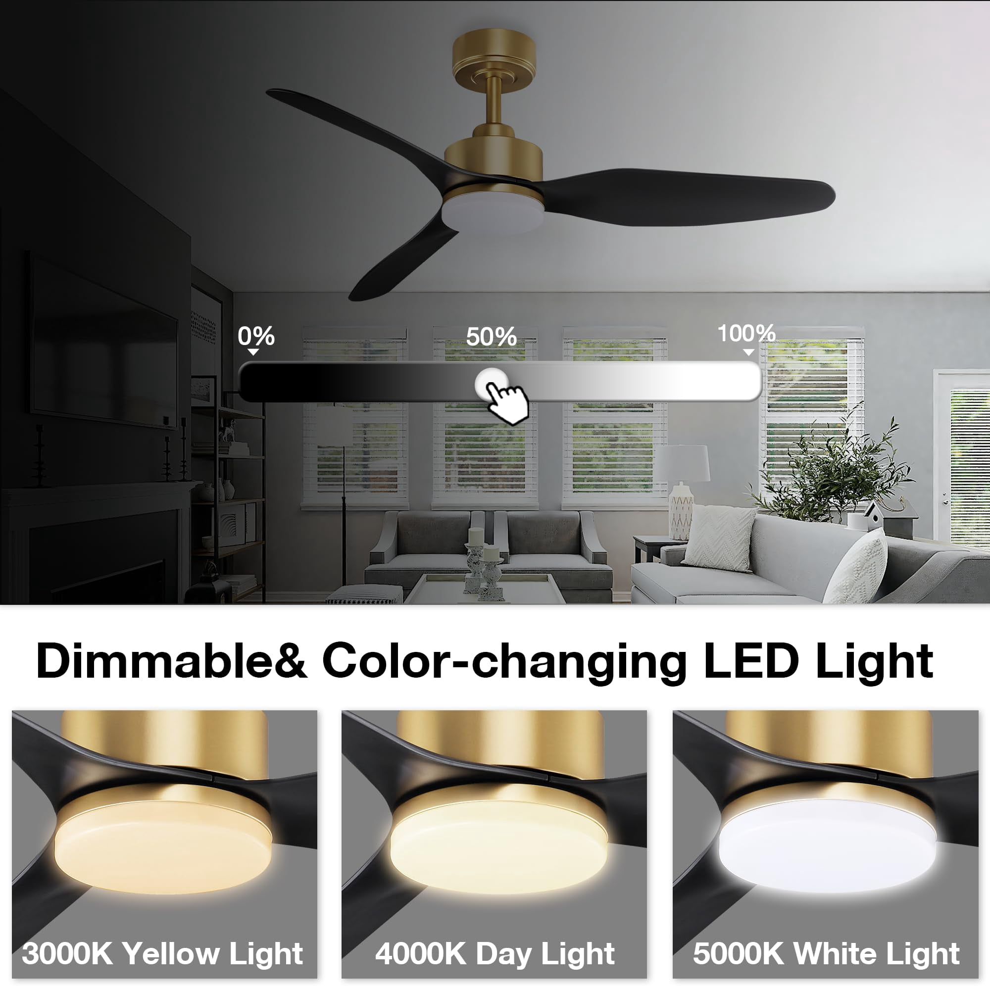 48 Inch Smart Ceiling Fans with LED Lights Remote,Quiet DC Motor,Dimmable,Outdoor Indoor Gold Black Ceiling Fan Controlled by WIFI Alexa App,for Modern Bedroom Living Room Patio Porch