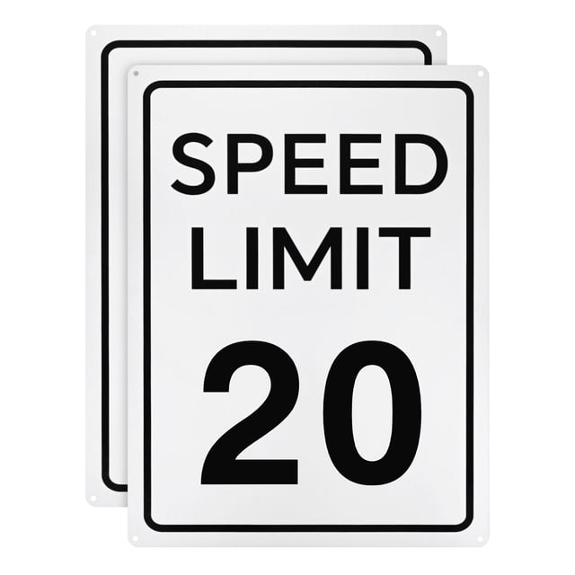 Uxcell 2-Pack Speed Limit 20 MPH Sign, measuring 16 x 12 inches, made of durable aluminum with a white background and black lettering. Features smooth rounded corners, pre-drilled holes for easy installation, and an engineering-grade reflective film for visibility in low light. Suitable for roads, parking lots, residential areas, and wall decoration.