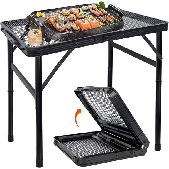 Small Folding Table, Camping Table with Mesh Desktop, Portable Picnic Table with Carry Handle, Height Adjustable Portable Grill Table for Outside Inside Use