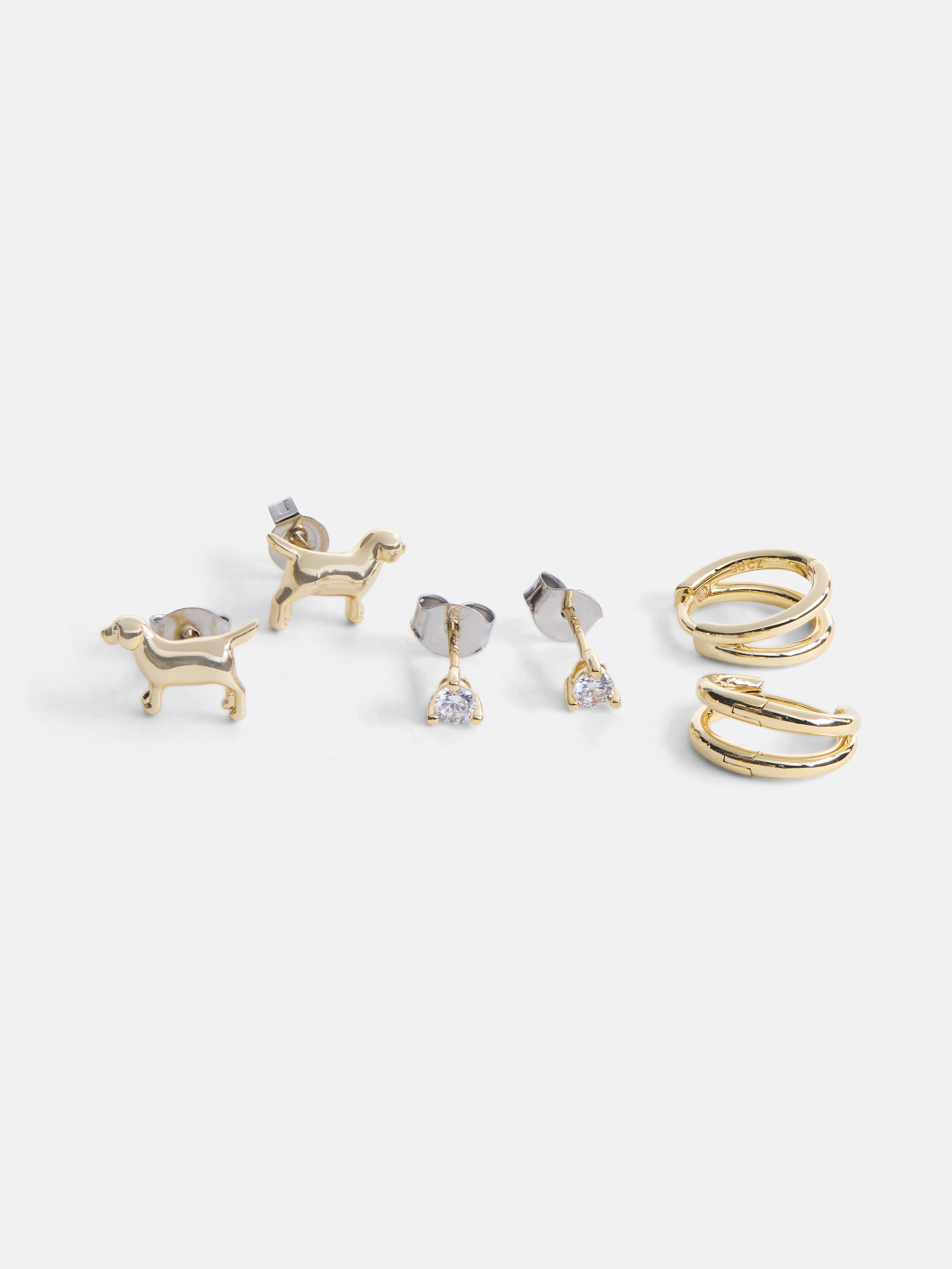Free Assembly Women's Demi Fine Cubic Zirconia, Dog and Hoops Earring Set, 3-Pairs