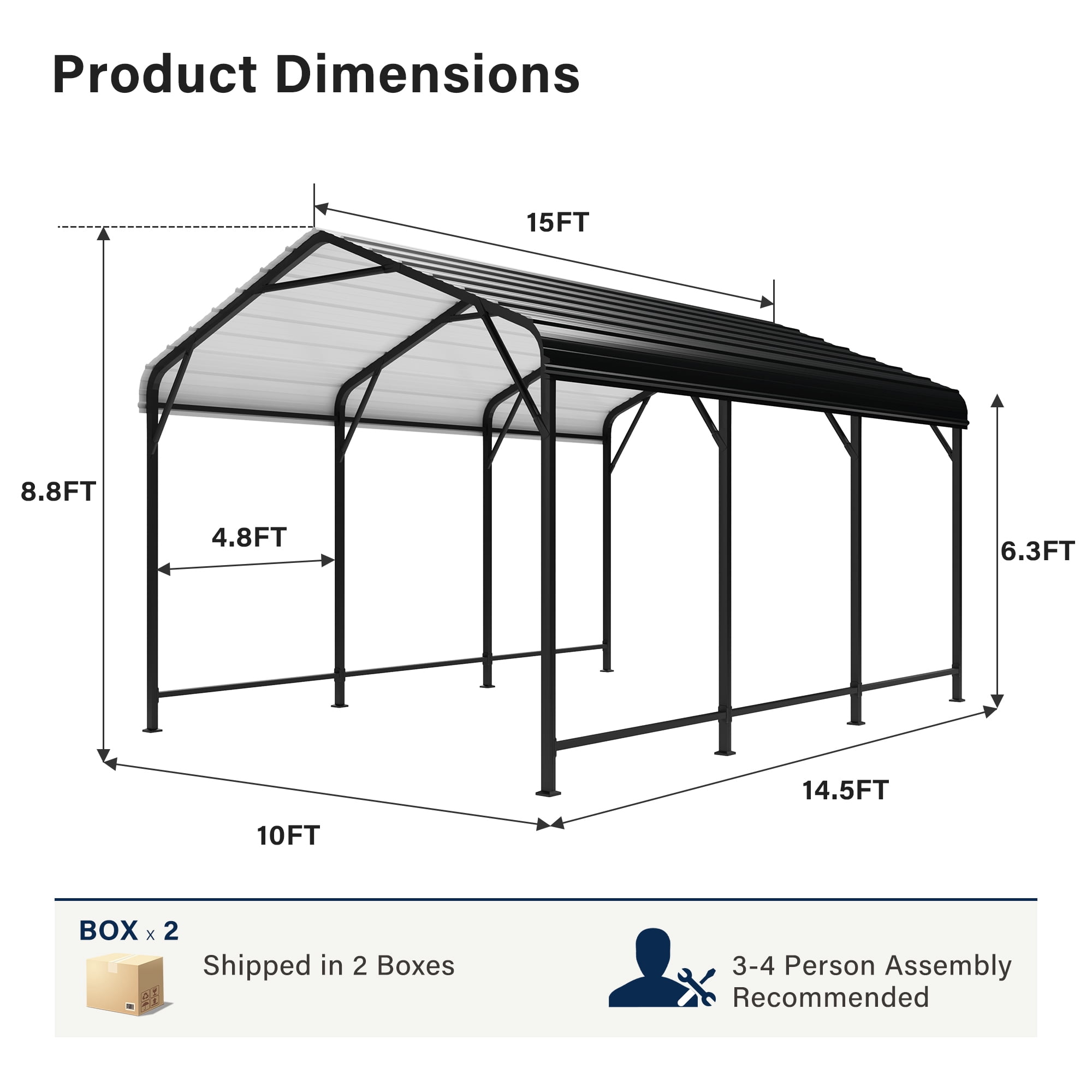 LAUSAINT HOME 10' x 15' Outdoor Metal Carport, Heavy Duty Waterproof Carport with Steel Panels for Car, Boat, Truck