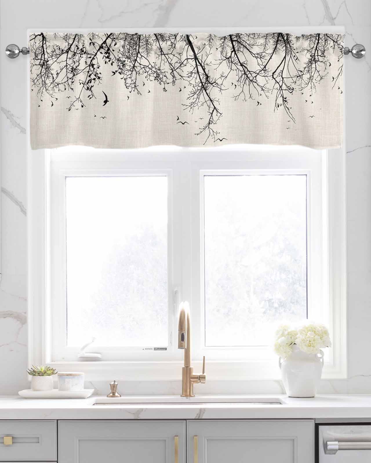 Tree Branch Linen Curtain Valance for Bedroom/Bathroom/Kitchen/Office/Living/Dining Room Window,Abstract Watercolor Rustic Farmhouse Pocket Topper Drapes Decorative Cafe Drapery Panel 54"x18"