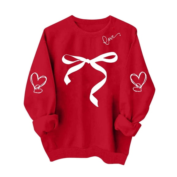 Womens Valentine's Day Sweatshirt Oversized Red Crewneck with Bow & Heart Design Casual Holiday Gift for Her,Size M