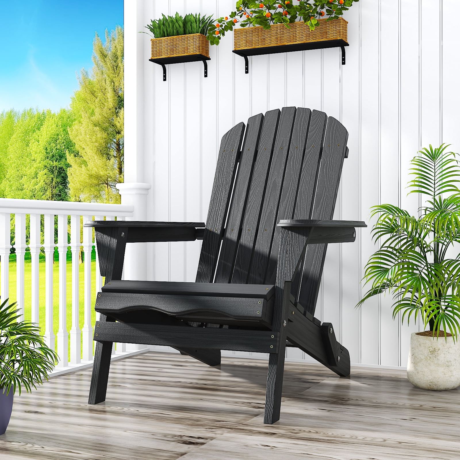 Ktaxon 2 Pack Patio Wood Adirondack Chair, Garden Chaise Chair Outdoor Folding Chair, Wooden Chair for Patio, Garden, Black