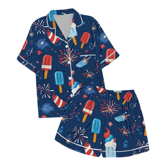 Kids' 4th Of July Printed Satin Pajama Set Short Sleeve Casual Girls Outfits Set Navy 130