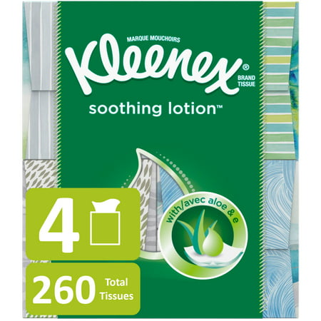 Kleenex Soothing Lotion Facial Tissues, 4 Cube Boxes, 65 Tissues per Cube (260 Tissues Total)
