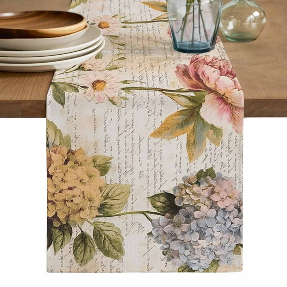 Vintage Hydrangea Floral Table Runner, Spring Botanical Flowers Washable Cotton Linen Table Runners 108 Inches Long, Dresser Scarf Runner for Dining/Living Room/Kitchen/Square Tables 13''x108''