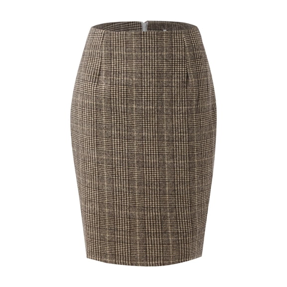 Women Plaid Pencil Skirt High Waist Fitted Bodycon Skirt Classic Check Pattern Knee Length Skirt for Office Casual Wear Coffee XL
