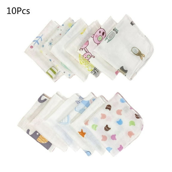ZPAQI 10Pcs 20x20cm Baby Washcloths Set Cute Cartoon Print Double Layer Gauze Infant Face Towel Reusable Wipes Absorbent Square Burp Cloths Handkerchief
