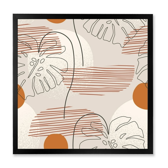 Designart 'Abstract Monstera Leaf and One Line Art Shapes' Modern Framed Art Print
