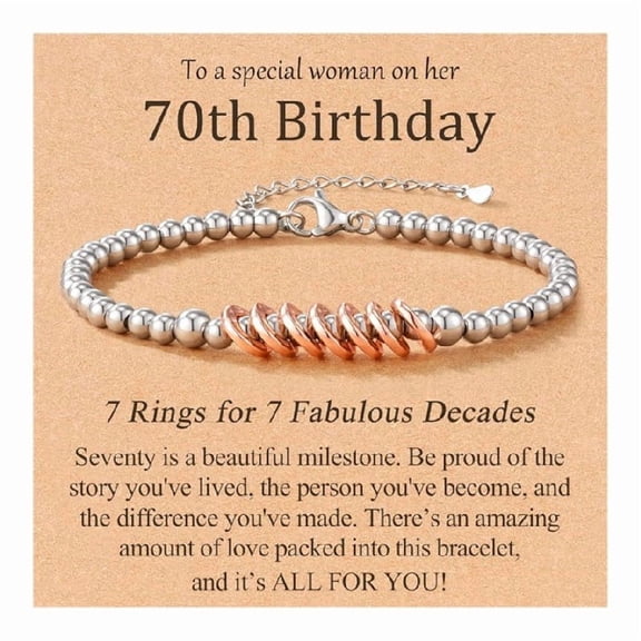 70th Birthday Bracelet Gift for Women, 7 Rings for 7 Decades, Meaningful Milestone Keepsake with Message Card, Adjustable Beaded Bracelet Gift for Her