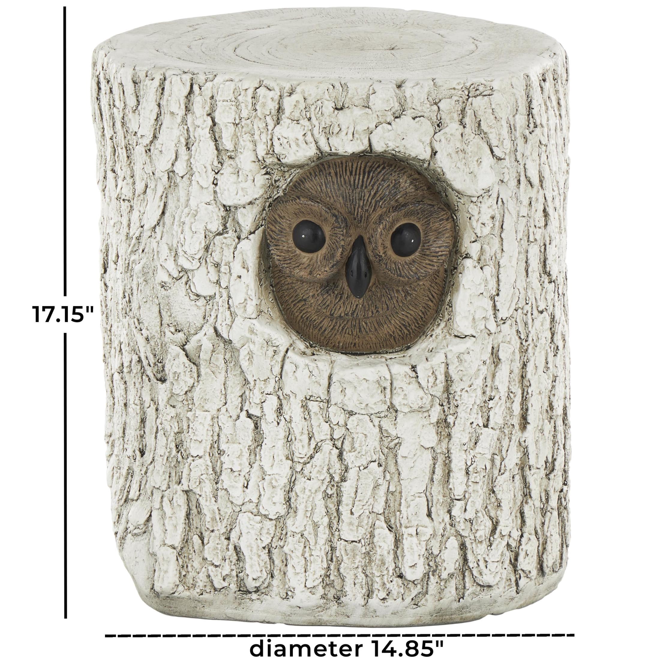 DecMode Magnesium Oxide Owl Tree Trunk Garden Stool with Brown Accents, White
