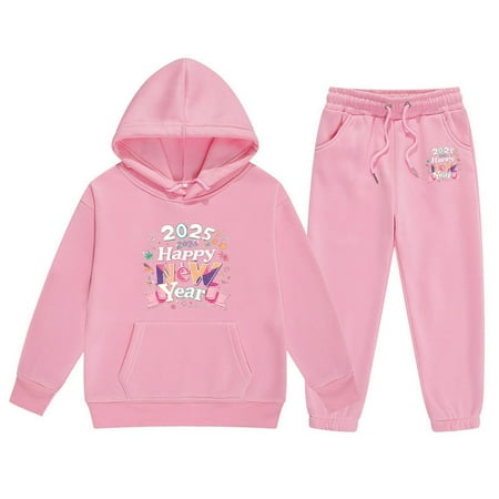 Toddler Baby Girl Clothes Cute Outfits 2025 New Year Print Long Sleeved Letter Print Hooded Top Sweater Pants Set Cute Outfits 2Pcs for 2-3 Years