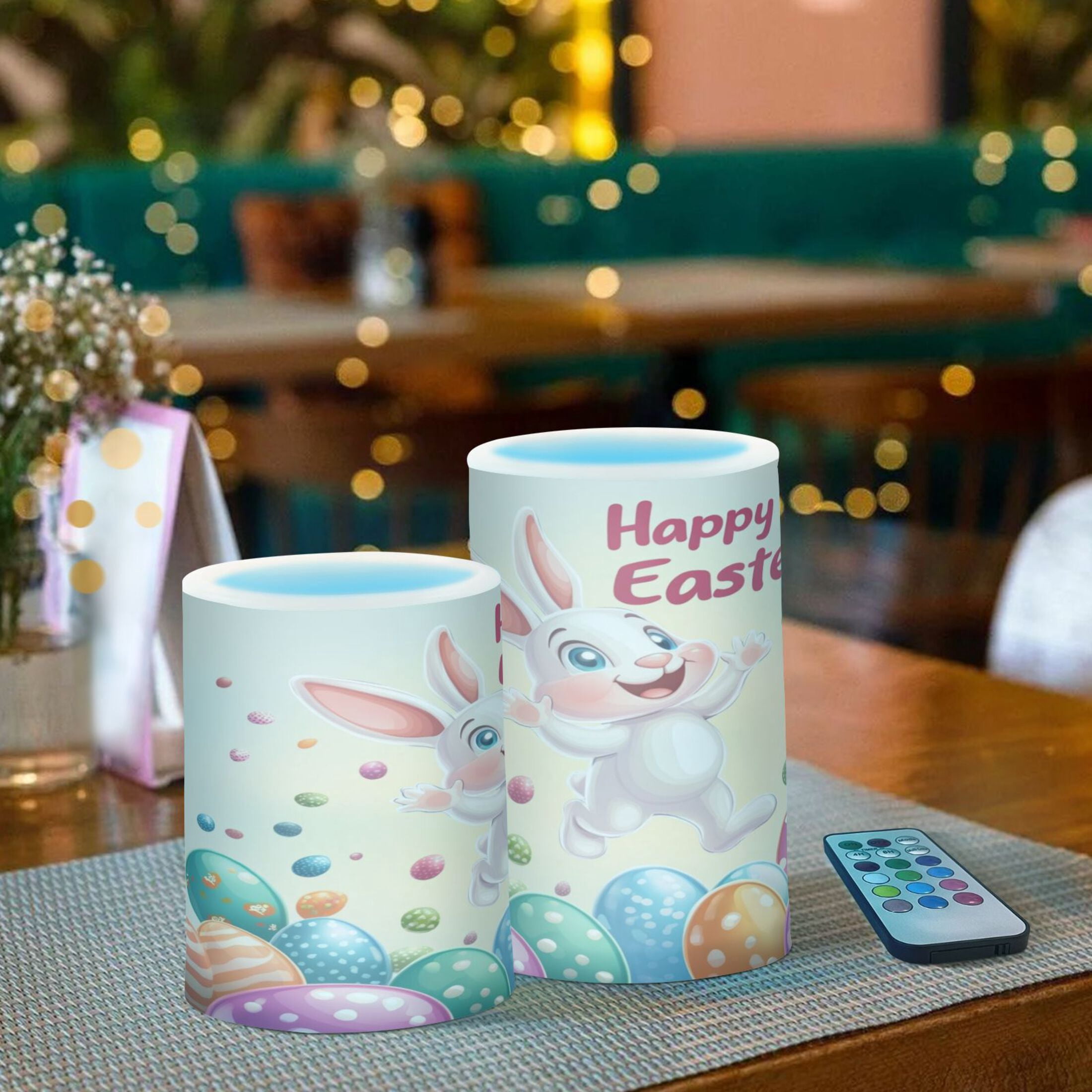 2 PCS Flameless Candles with Remote Timer LED Battery Operated Flickering Candle Light for Wedding Table Home Decoration Gifts Cartoon Easter Bunny