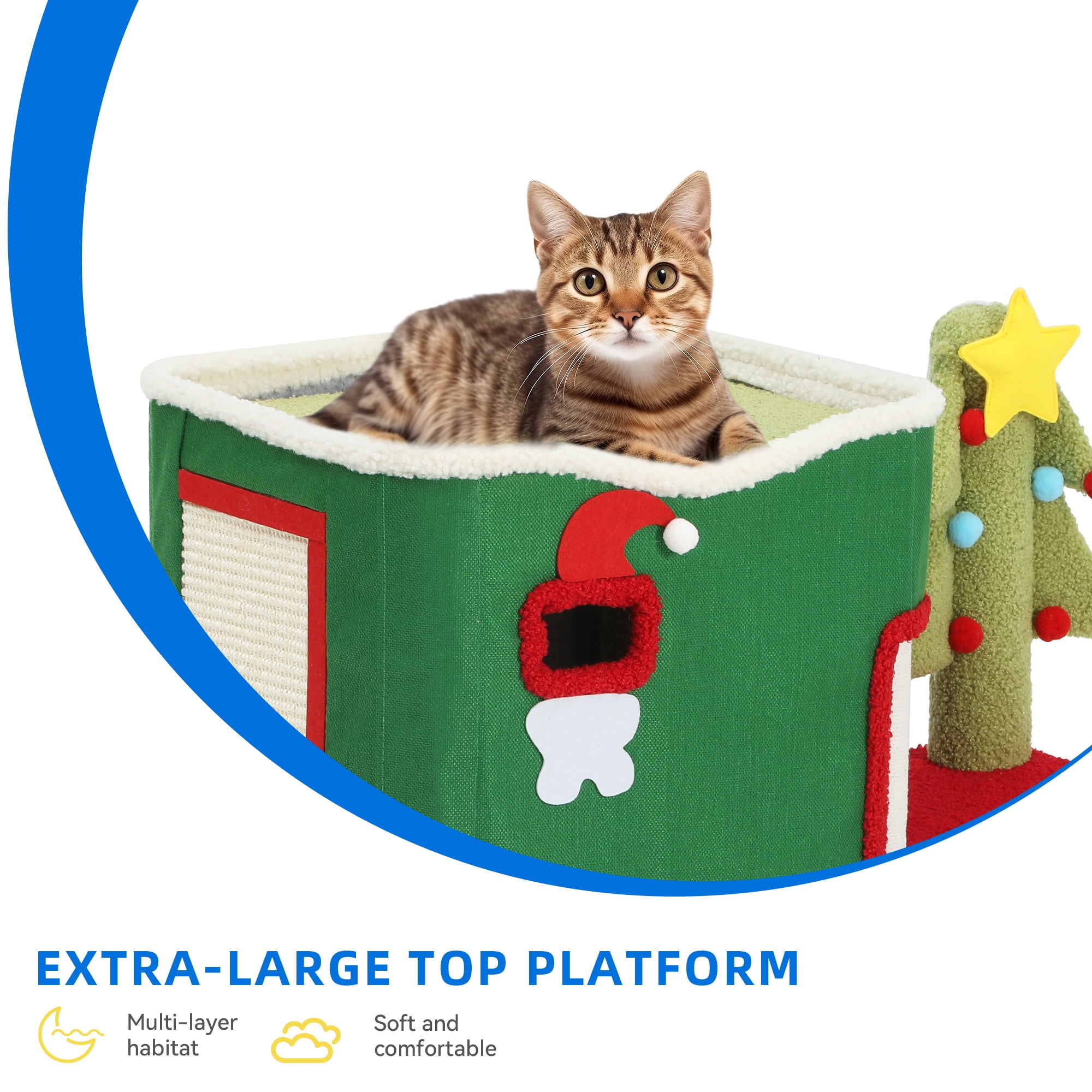 Dextrus Christmas 3 Level Cat House, Indoor Cat Flap Bed PlayHouse, Covered Cat Bed with Scratch Pad & Hideaway Cave, Suitable for Multiple Kitten