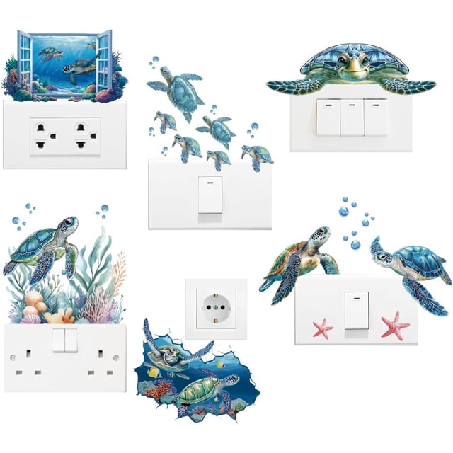 AHANDMAKER 6Pcs Light Switch Plate Stickers, Fun Colorful Turtle Creative Switch Stickers for Light Switch, Wall Outlets, Socket, Ledge, Bedroom, Living Room, Laptop Computer, 7 x 7 Inches