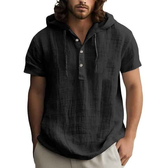 XIAONU Men's Linen Hooded Henley Loose Short Sleeve Henley Pocket Pullover Top Breathable Casual Vacation Wear Shirt