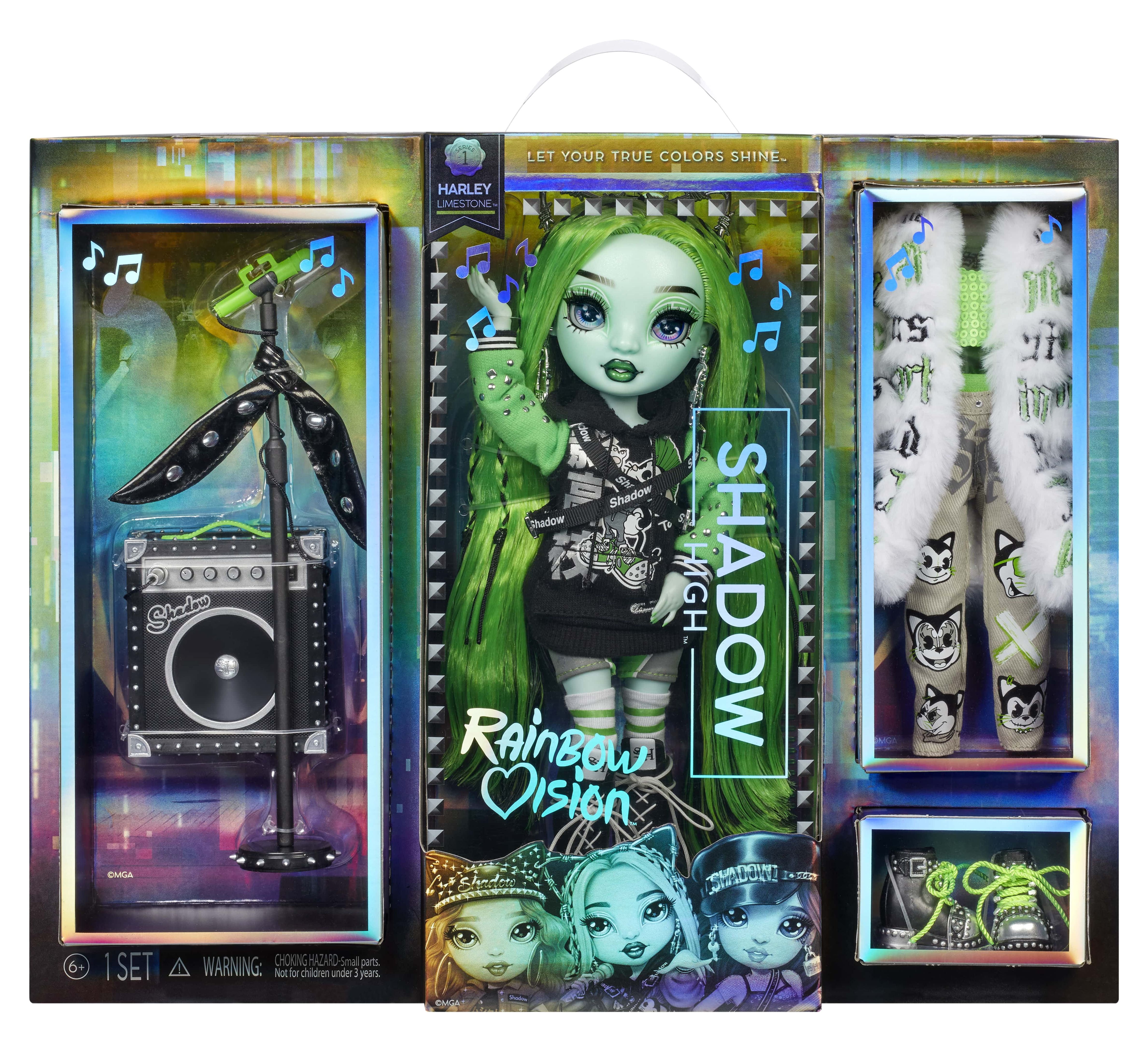Rainbow Vision Shadow High Neon Shadow - Harley Limestone (Neon Green) Fashion Doll. 2 Designer Outfits Mix & Match Rock Band Accessories PLAYSET, Great Gift for Kids 6-12 Years Old & Collectors
