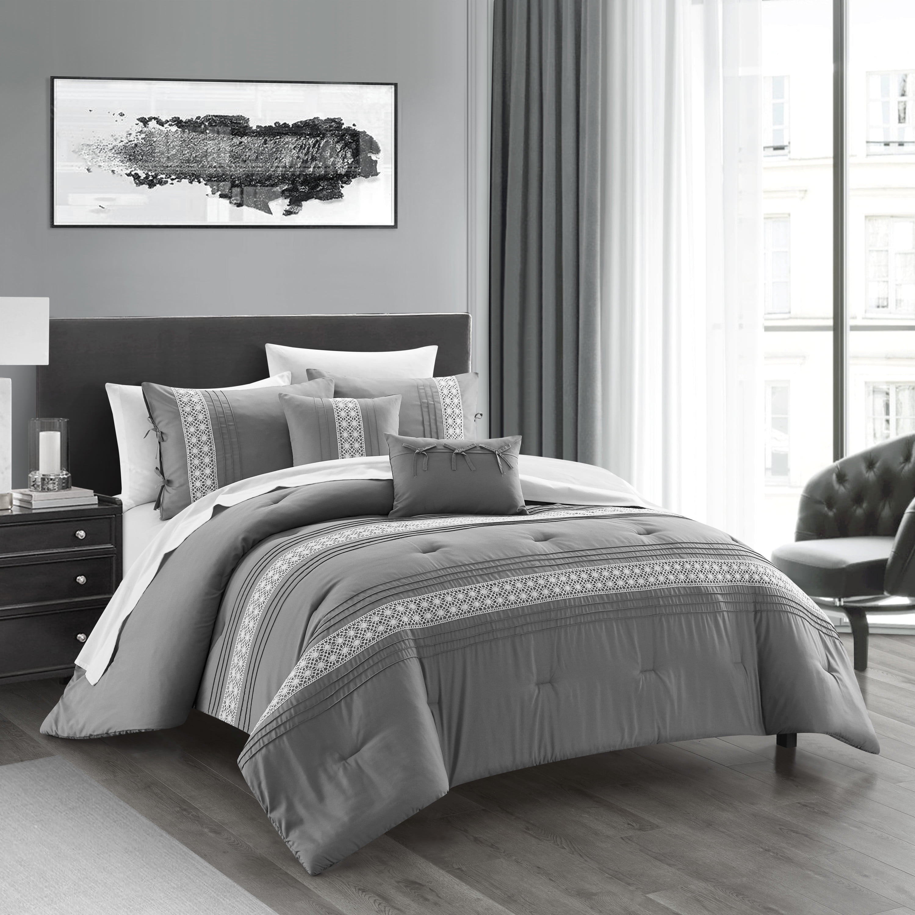Chic Home Brye 9-Piece Embroidered Comforter Set, Queen, Gray