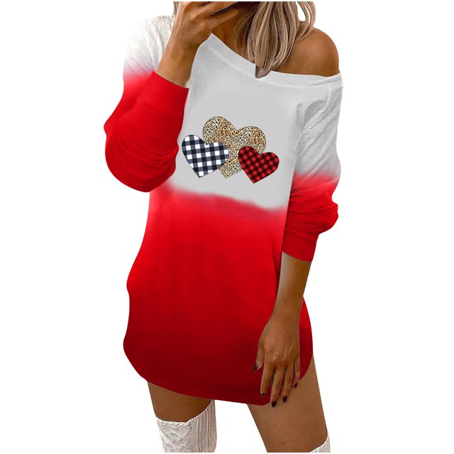 Pompotops Woman Valentine Printed O Neck Hedging Long Sleeve Strapless Dress