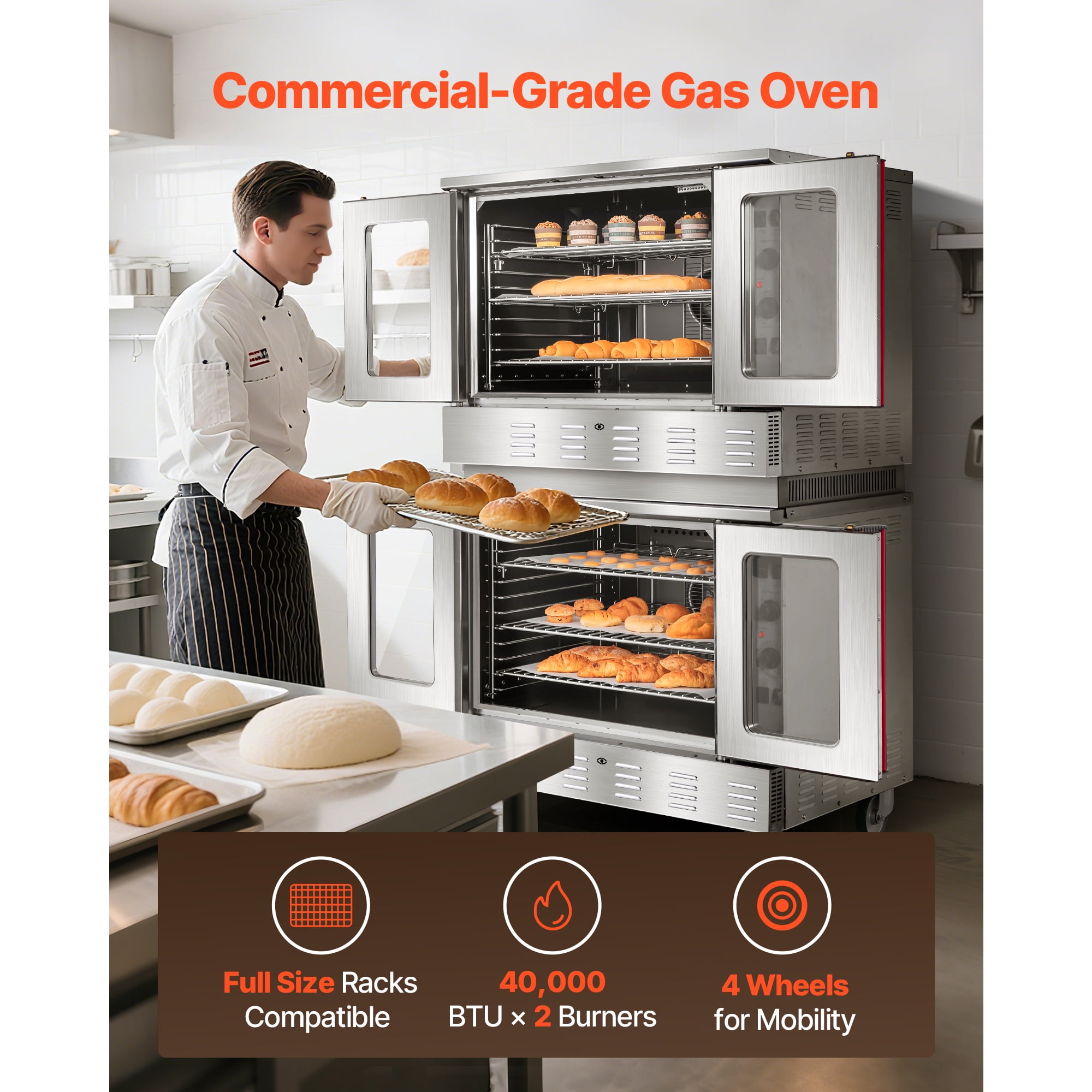 KFFKFF Double Deck Gas Convection Oven,14 cu.ft Full-Size Commercial Oven, 40,000 BTU x 2 High-Performance Burners, Natural Gas Oven with Dual Fan Modes, Ideal for Bakeries, Restaurants, and Kitchens