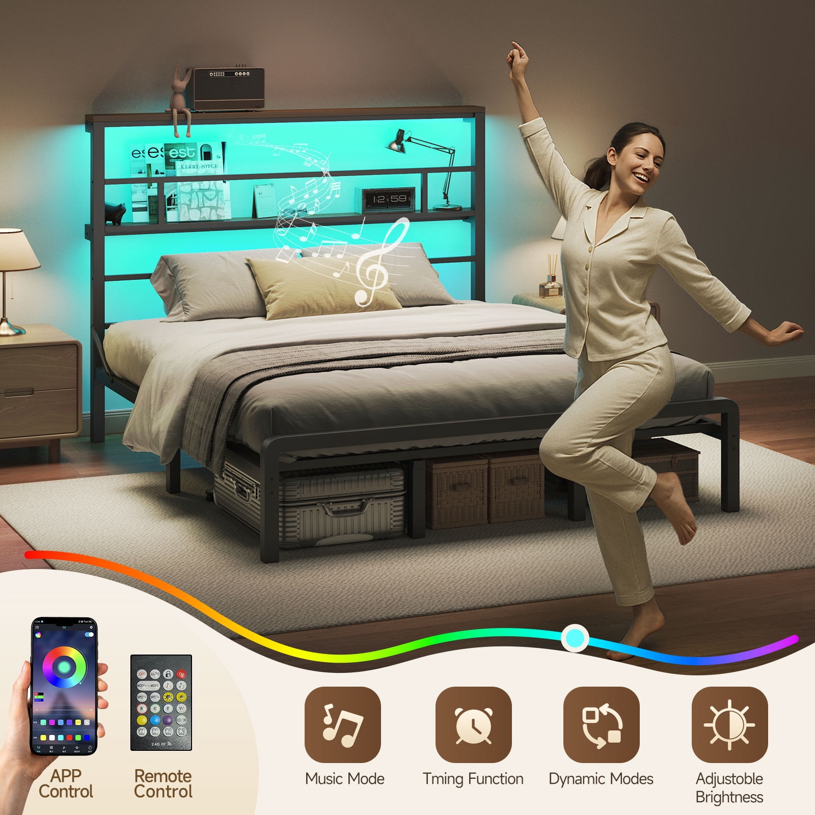 Patbrela California King Size Bed Frame with 49.2-Inch LED High Headboard and 2-Tier Storage, Metal Platform Bed, Black