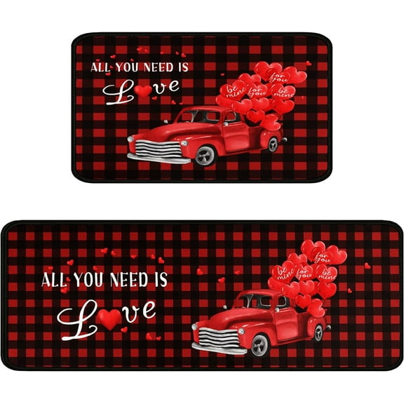 Faptoena Kitchen Rugs and Mats Sets of 2,Valentine's Day Kitchen Rugs Red Truck Love Heart Buffalo Plaid Decoration Non-Slip Rugs,rubber dot Backing Waterproof Floor Mat,17x30 17x48inch