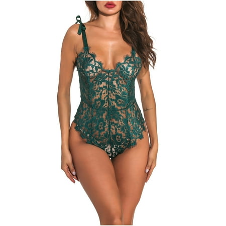 

RQYYD Reduced Strappy Babydoll Lingerie for Women Sexy Embroidery Flower Lace Bodysuit Back Zip Sling Teddy Neightwear(Green M)