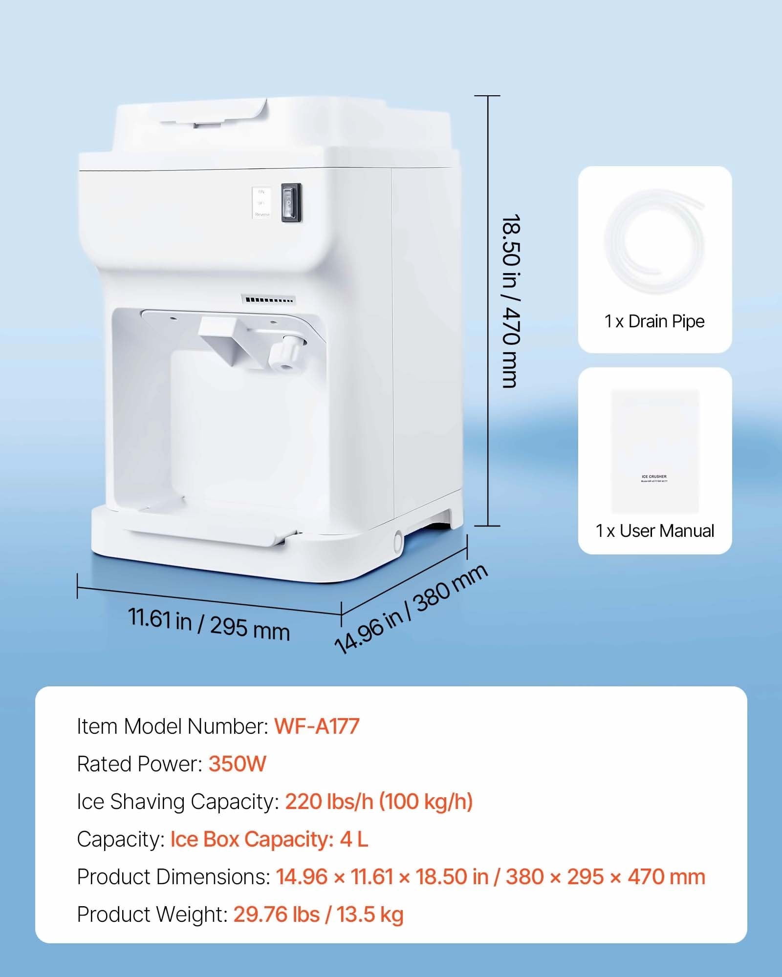 Commercial Ice Shaver 220LBS/H Electric Snow Cone Maker, Ice Crusher Machine, Adjustable Fineness, Large Capacity, White