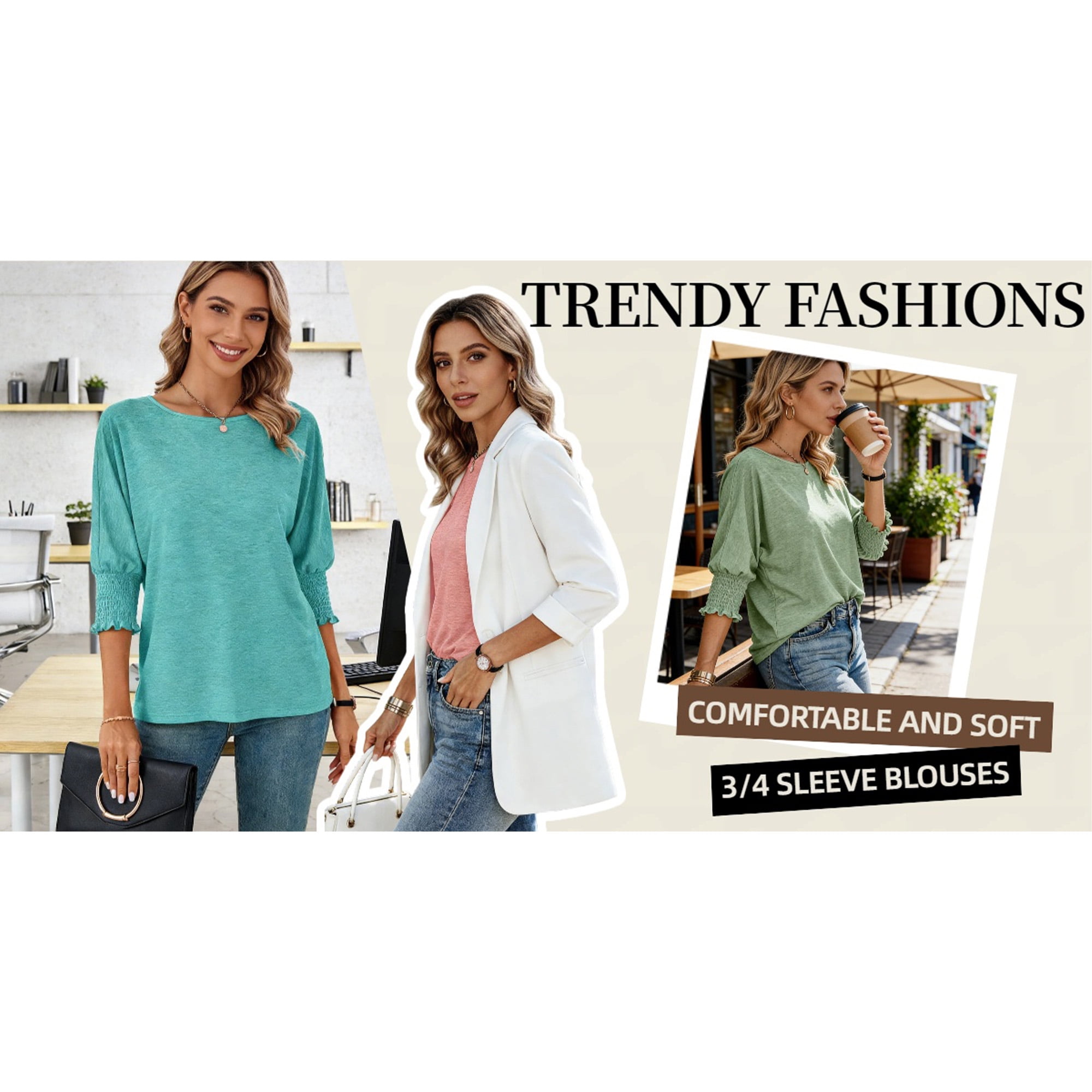 UVN Crewneck Blouse for Women Summer 3/4 Sleeve T-Shirts Casual Tees Ladies Loose Tops