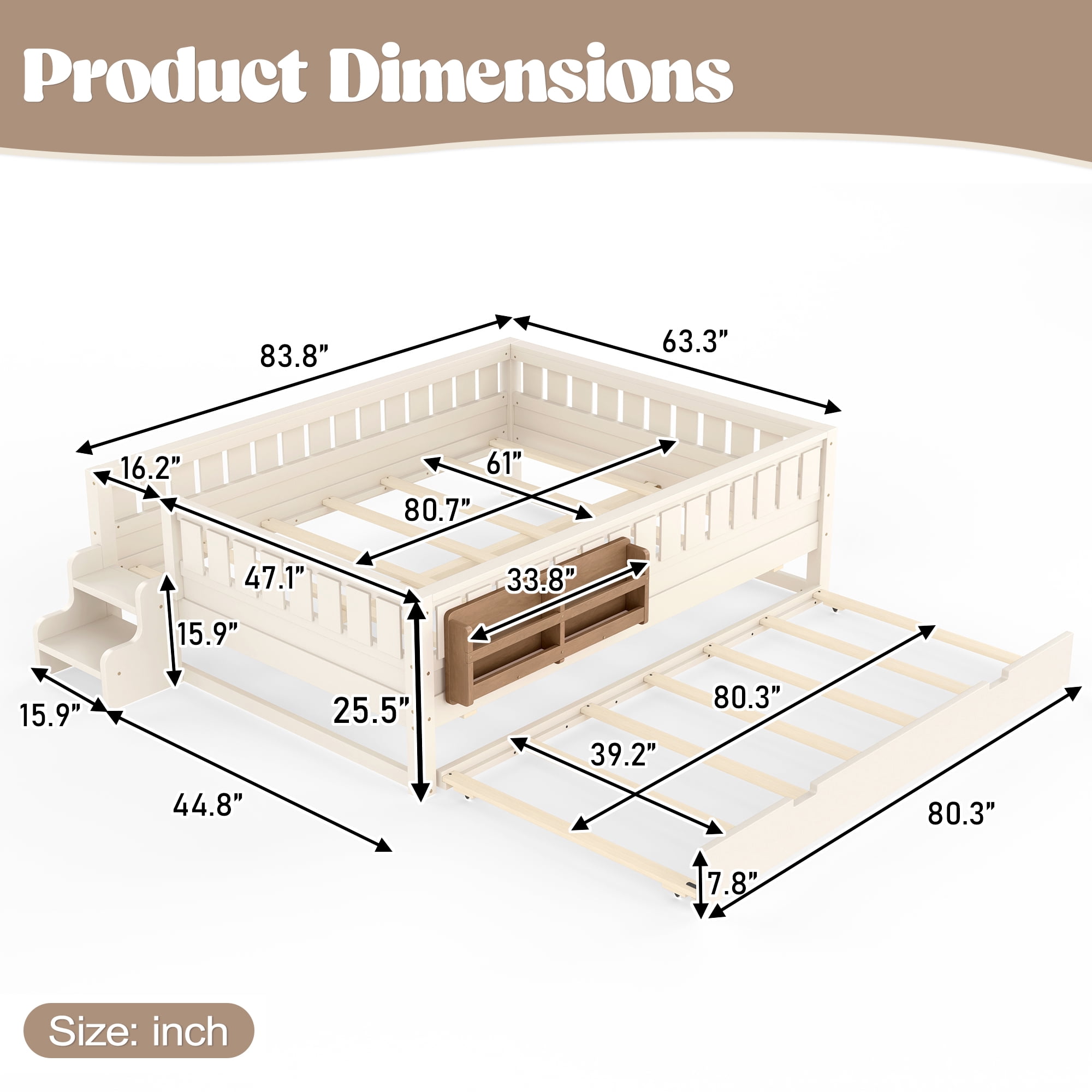 Queen Bed with Bookshelf and Trundle 83.8 Inch, Solid Wood Frame with Staircase and Safety Rails, Space-Saving Kids Bed with Storage, Beige
