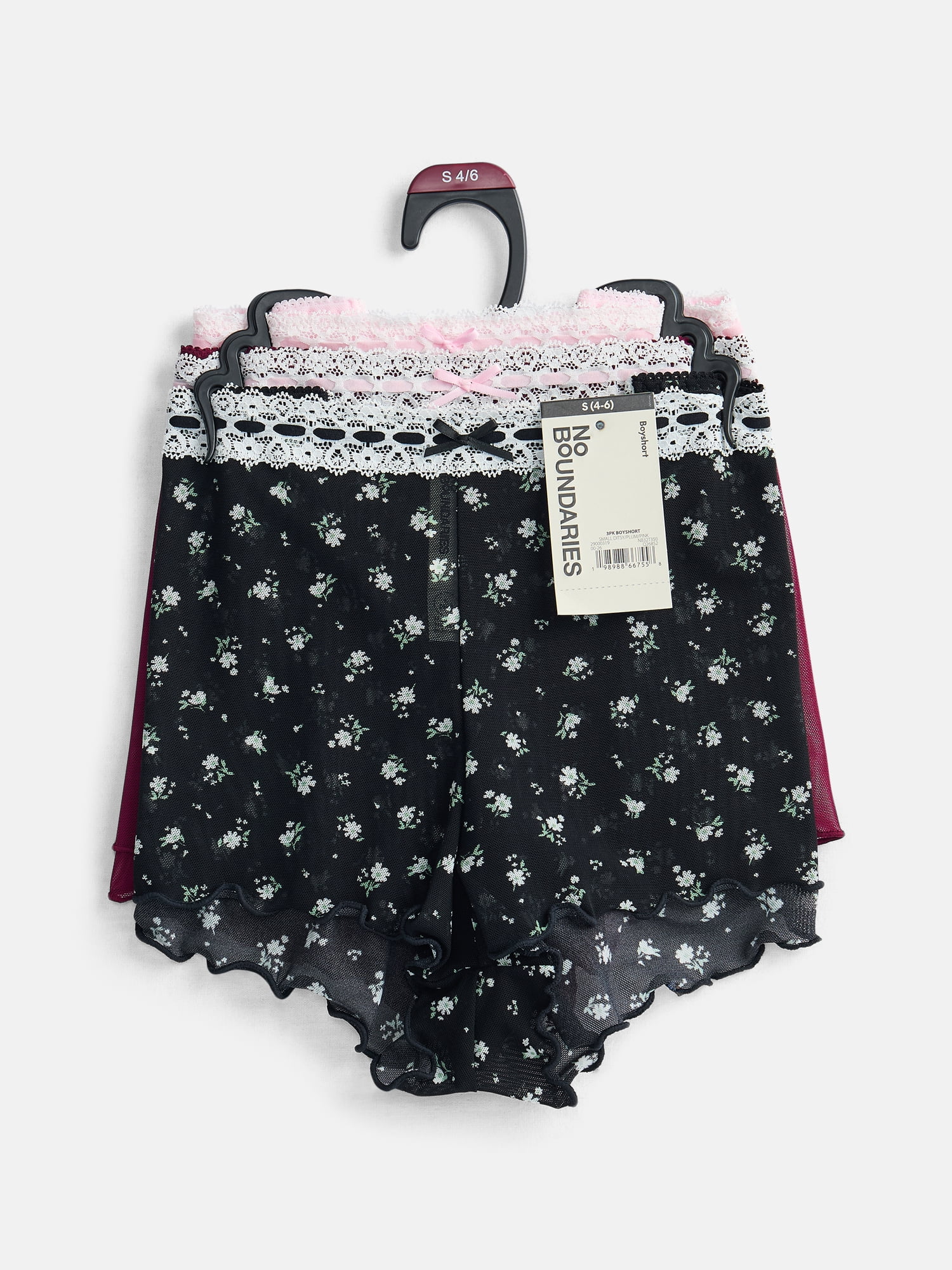 No Boundaries Beaded Lace Boyshort Panties, 3 Pack, Women's XS-XXXL