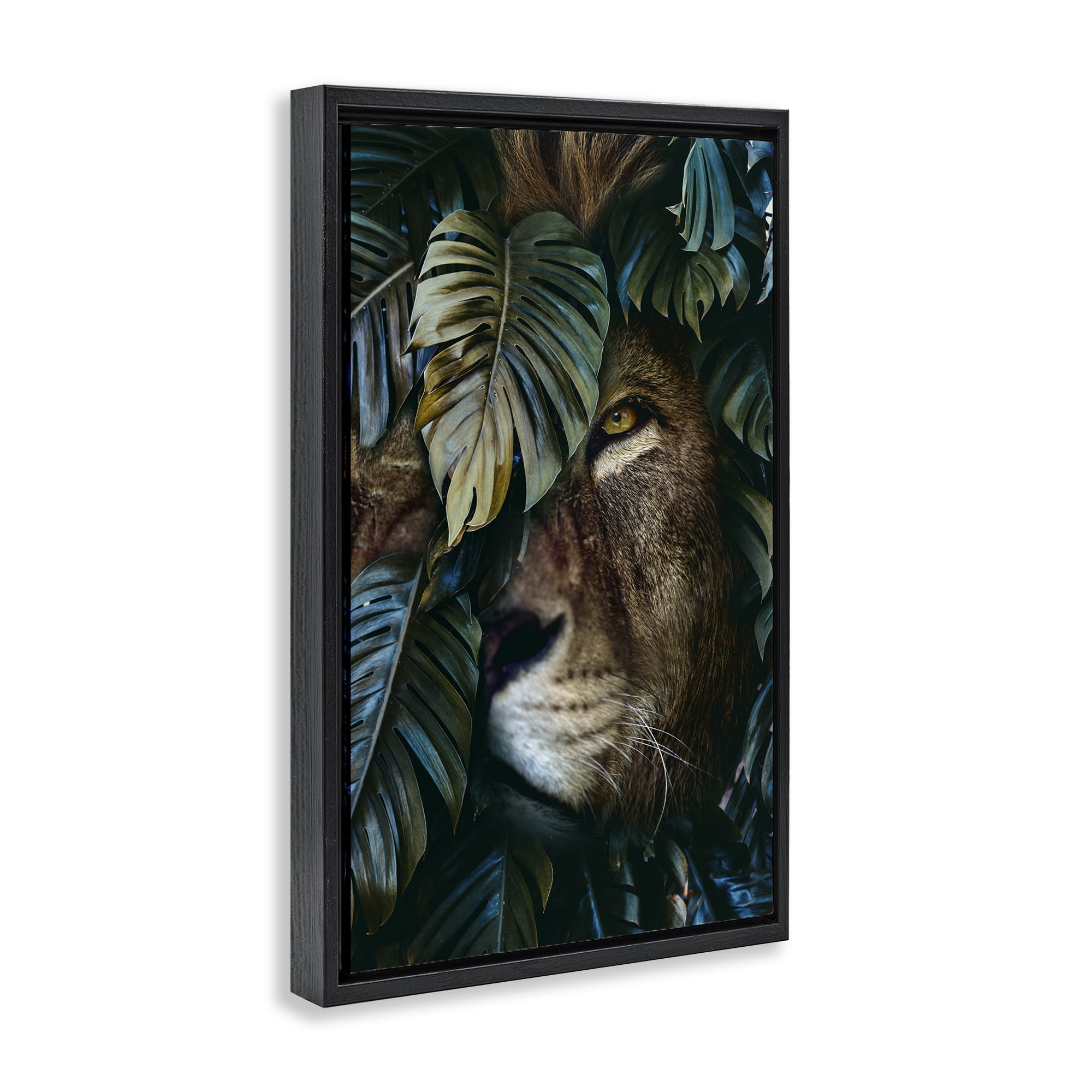 Stupell Industries Lion Peering Monstera Leaves Plants & Flowers Painting Black Floater Framed Canvas Art Print Wall Art, 17 x 25