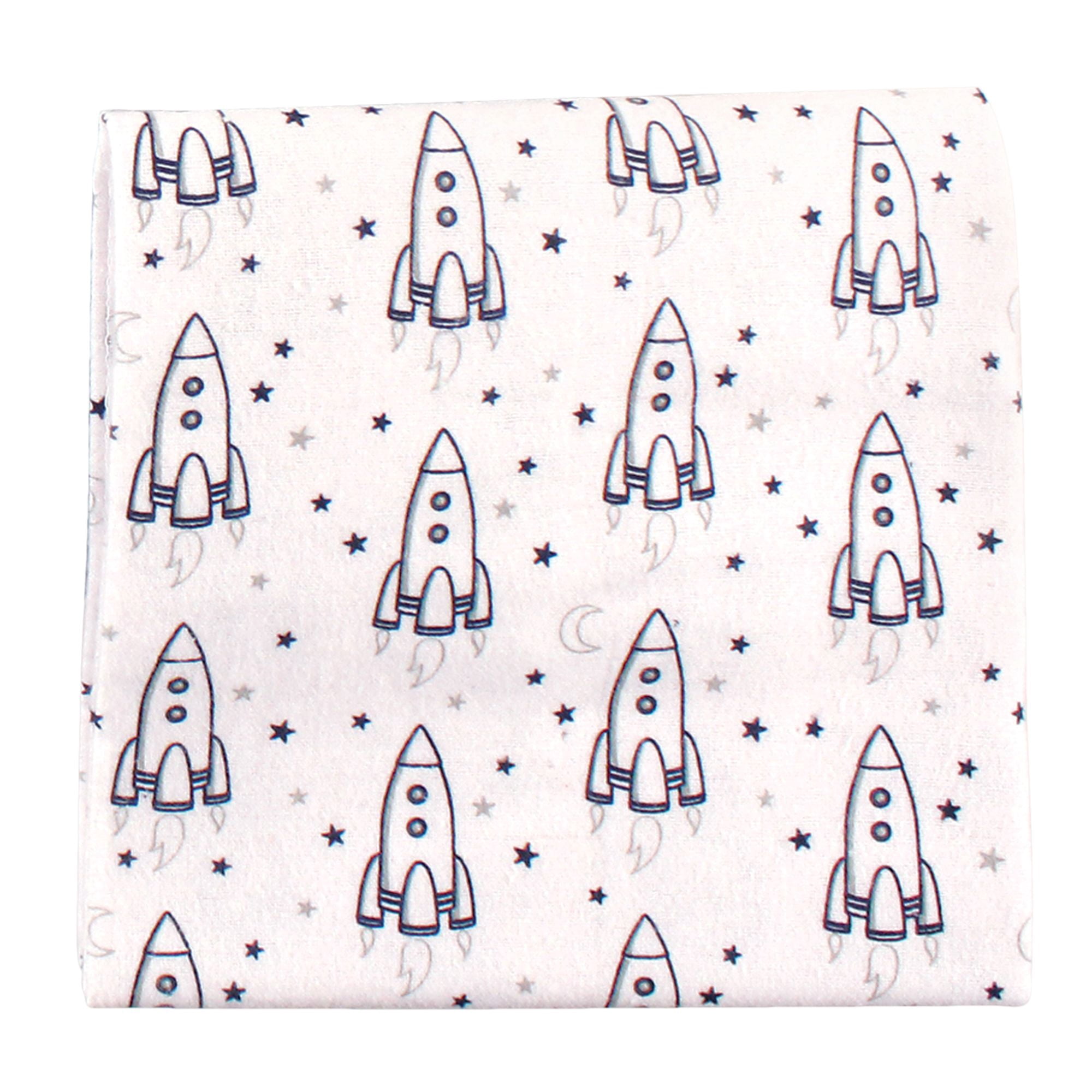 Little Treasure Hudson Baby Cotton Poly Flannel Receiving Blankets Multipack, Blue Rocket Ship, 30x30 inches