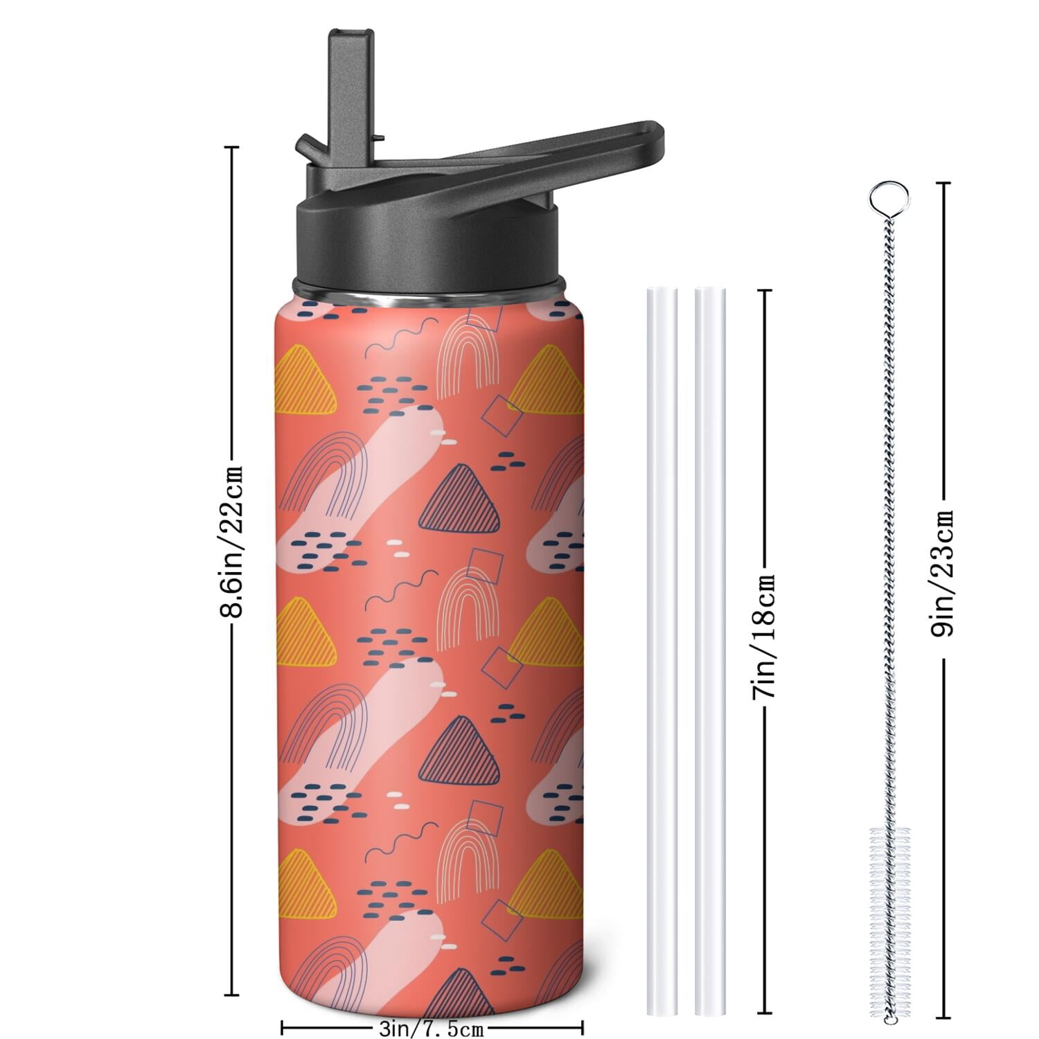 Modern 18 oz Insulated Stainless Steel Water Bottle with Straw & Cleaning Brush , Leakproof, BPA-Free, 304 Stainless Steel, Wide Mouth, Travel Mug for Car, Gym, Office