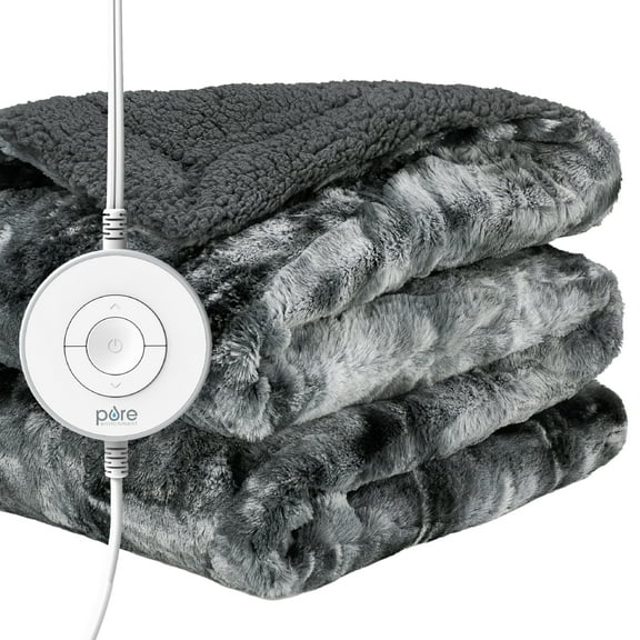 Pure Enrichment PureRadiance Luxury Heated Throw Blanket, Patented Design, Soft Faux Fur & Sherpa, 6 Heat Settings, Machine Washable, Cozy Electric Blanket for Couch or Bed Use, 50” x 60” (Smoke)