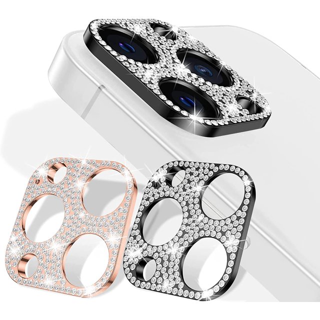 2 Pack Bling Bling Crystal Diamonds Protecteur d'Objectif pour iPhone 13 Pro / iPhone 13 Pro Max, Alliage de Métal Résistant aux Rayures Résistant à l'Abrasion Protection de l'Objectif de la Caméra (Noir + Or Rose)