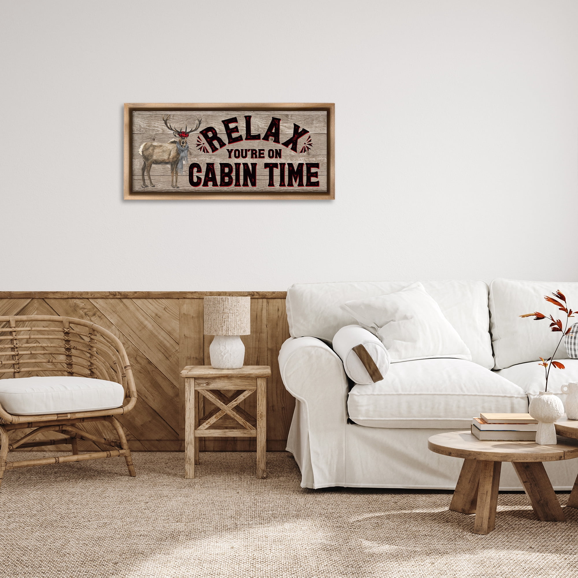 Stupell Industries Cabin Time Phrase with Deer Animals & Insects Painting Brown Floater Framed Canvas Art Print Wall Art, 31 x 14