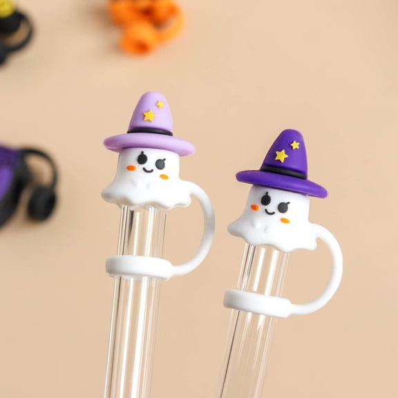 2PCS 3D Ghost Halloween Straw Toppers, Cute Silicone Straw Covers Cap Compatible with 30&40oz Tumbler Dust-Proof Reusable Tips Lids for Halloween Gifts