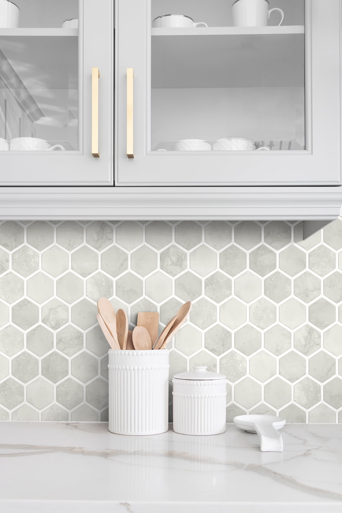 NextWall Cream Neutral Inlay Hexagon Peel and Stick Wallpaper