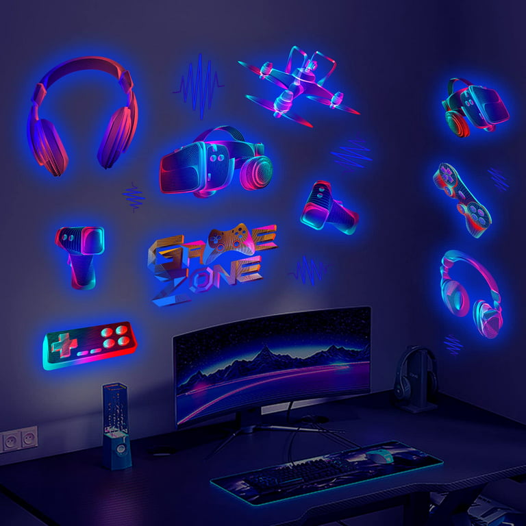 3D Glow in The Dark Game Wall Decals Gaming Wall Stickers Blue Luminous  Game Room Decor Glow Gaming Controller Sticker Removable Video Game Wall  Decor