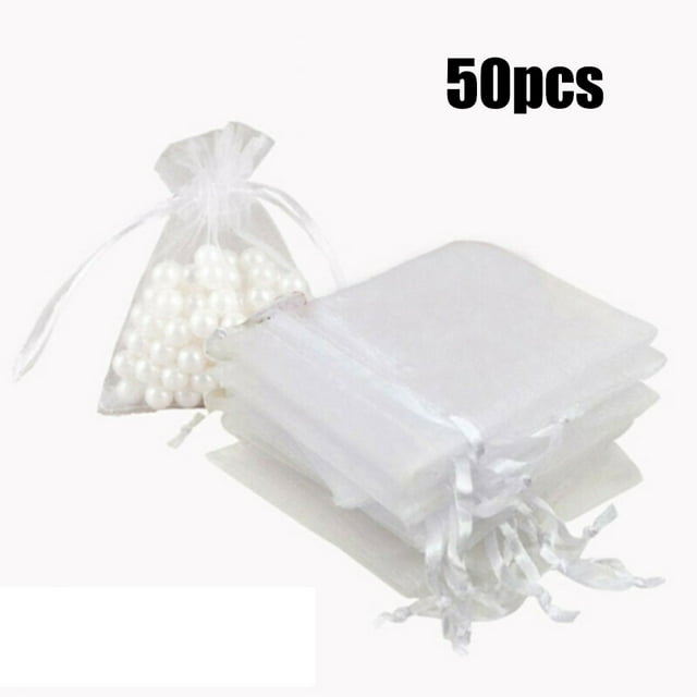 50PCS Small White Organza Bags Drawstring Favour Pouches Gift Voile Net Bags