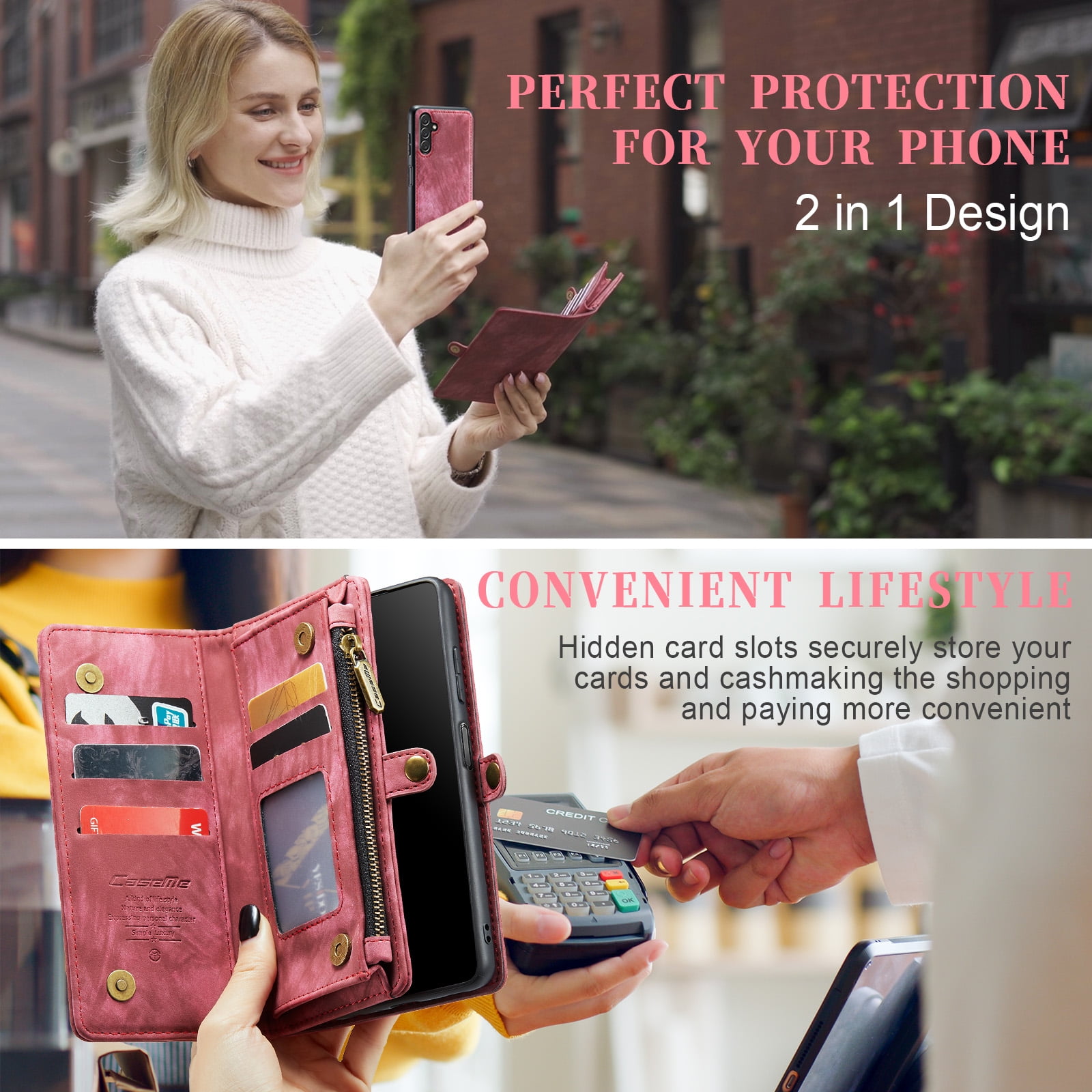 Feishell Durable 2- In-1 Magnetic Detachable Wallet Case for Samsung Galaxy A13 5G,for Women Men,Premium PU Leather Zipper Pocket Flip Multi Card Slots Purse Phone Case with Wrist Strap,Red