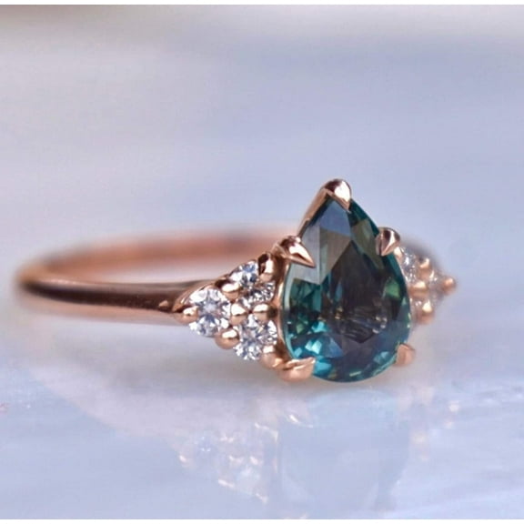 Pear Shape Teal Sapphire Engagement Ring, 14K Rose Gold Plated