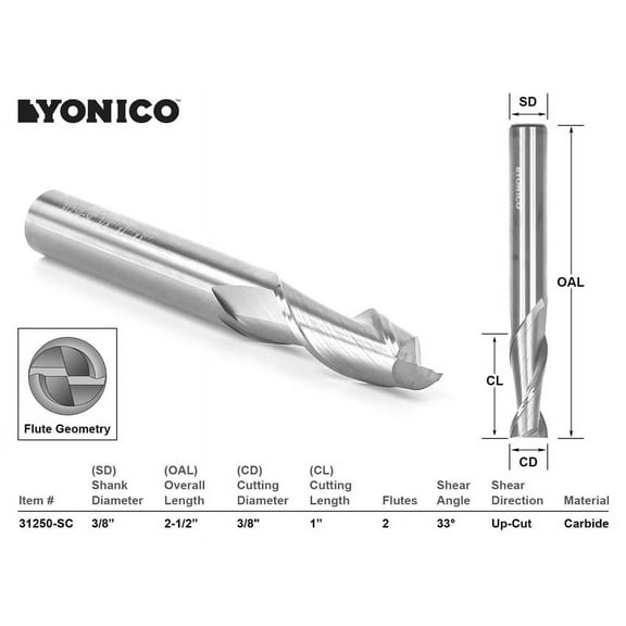 Yonico CNC Router Bit Up Cut Solid Carbide 3/8" X 1" X 3/8" X 2-1/2" - 31250-SC