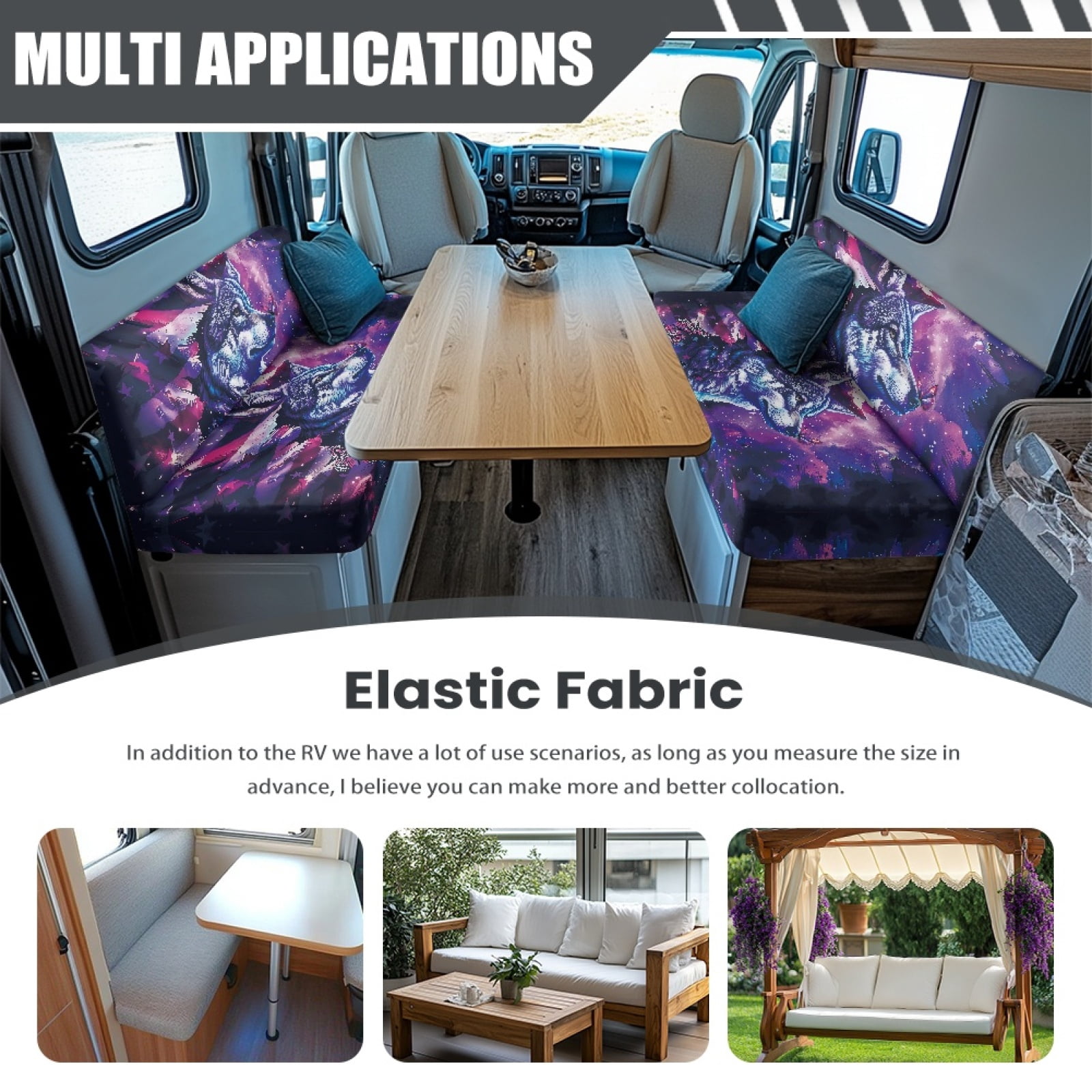 Kuiaobaty RV Dinette Cushions Covers Easy to Install Stretch Camper Cushions Cover RV Dinette Seat Covers Sofa Slipcovers for RV Camper Car Bench, American Flag Galaxy Wolf Butterfly Pattern